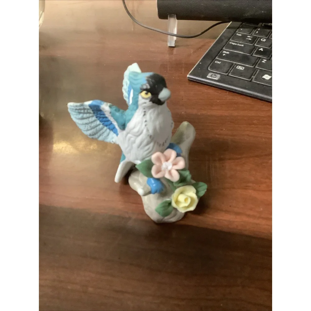 Blue Jay Bird on Tree Trunk Multi Color Flowers Shadow Box Shelf Vintage Decor